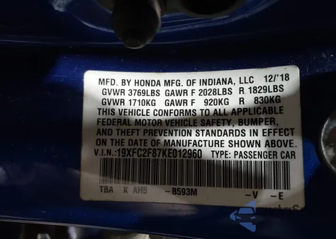 2019 Honda Civic Sport from USA, damaged, VIN 19XFC2F87KE012960